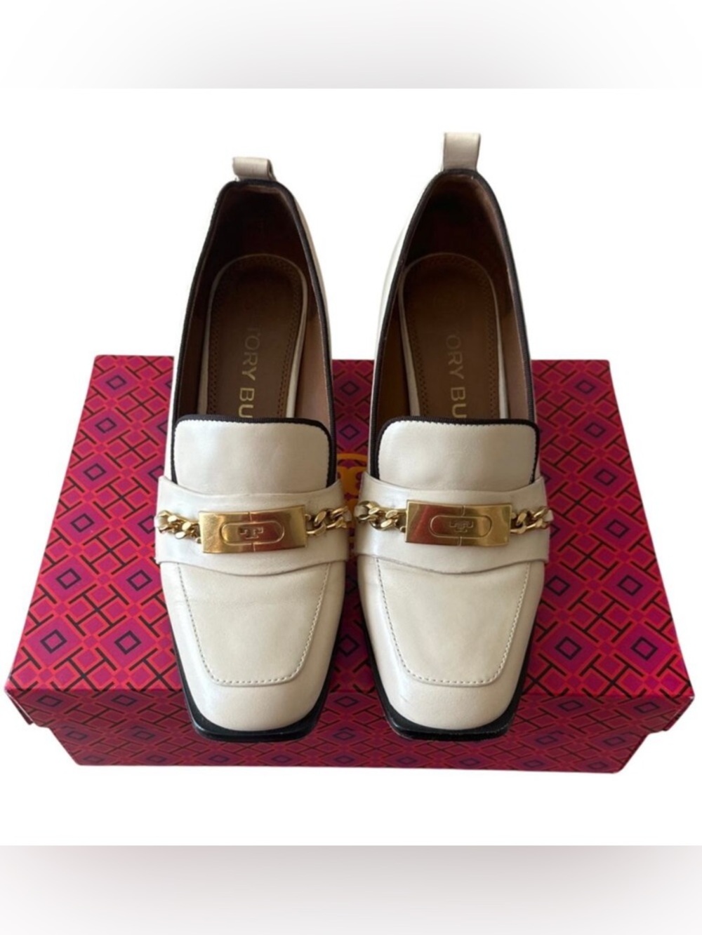 Tory Burch Perrine Heeled Loafers Cream Chain‎ Block Heel 7.5